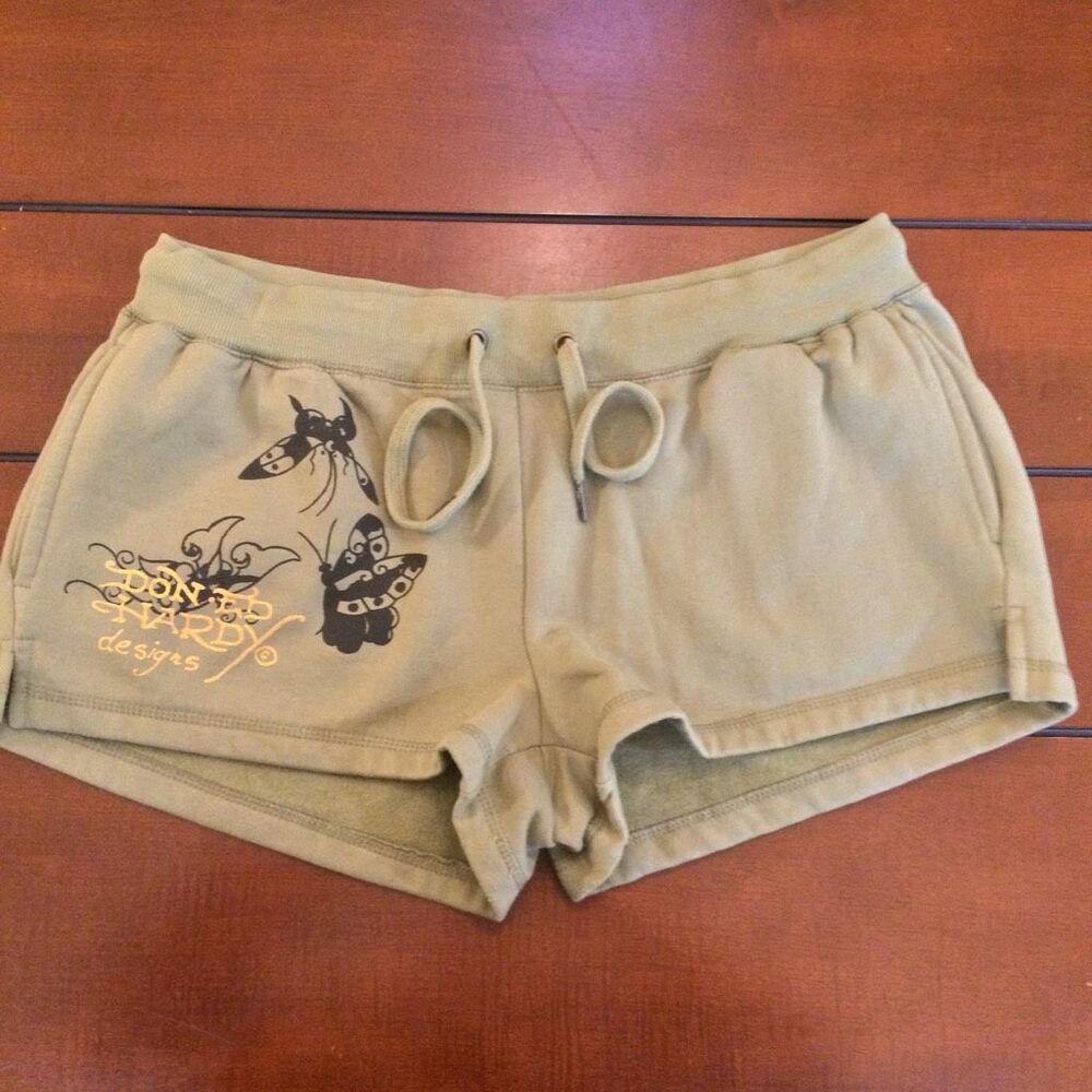 Y2k Ed Hardy Women’s Butterflies Fleece Short light olive xl